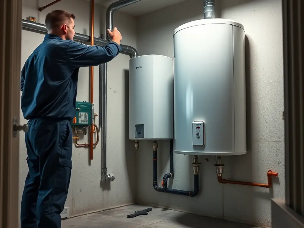 A technician working on a water heater, highlighting Plubm's commitment to providing reliable and efficient water heating solutions.