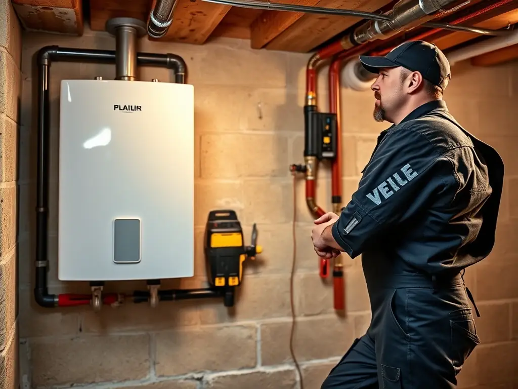 A skilled plumber inspecting a residential water heater in a well-lit basement, emphasizing Plubm's dedication to thorough maintenance and repair services.