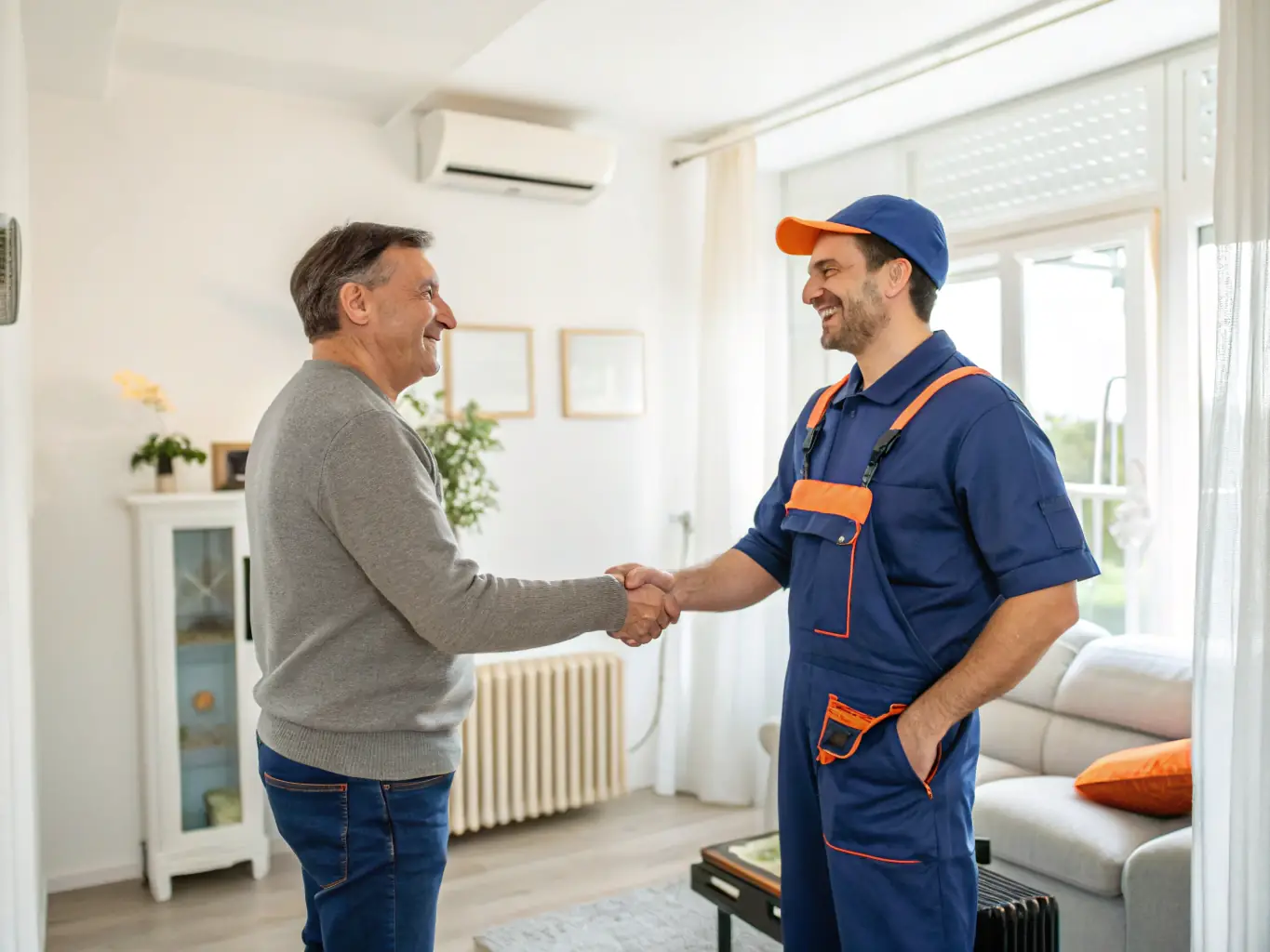 A satisfied customer shaking hands with a Plubm technician after a successful air conditioning installation, highlighting our dedication to customer satisfaction.