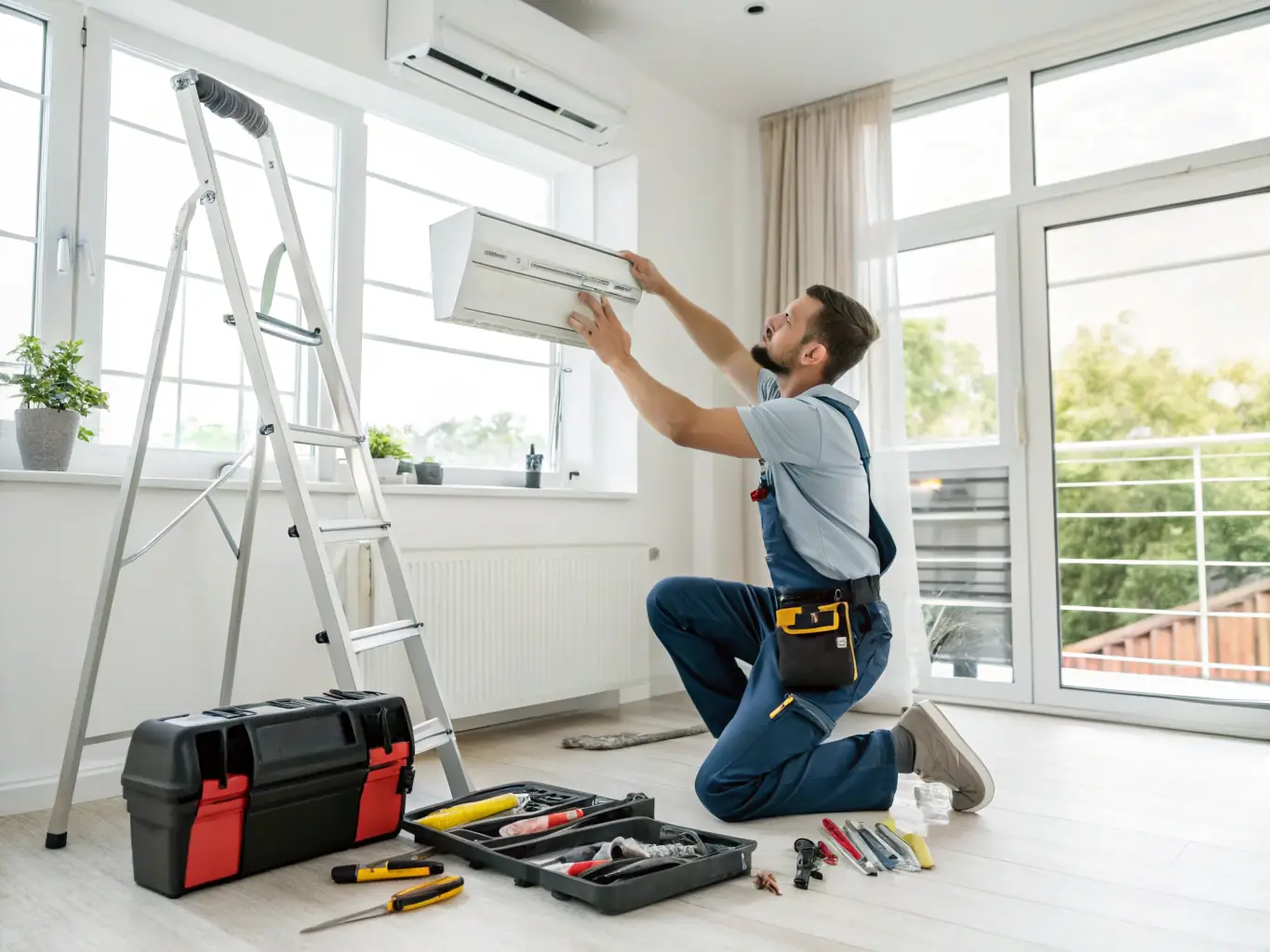 A technician expertly installing a modern, energy-efficient air conditioning unit in a contemporary home setting, showcasing Plubm's commitment to quality installations.