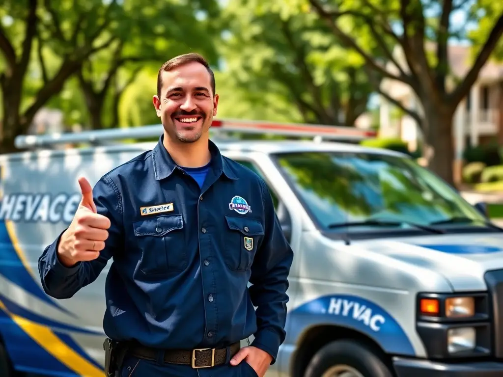 A friendly Plubm technician smiling and giving a thumbs-up while standing next to a fully equipped service van in a suburban neighborhood, symbolizing trust and reliability.