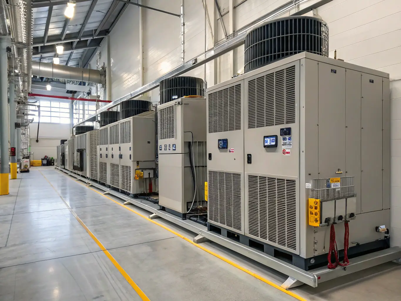 A commercial building's mechanical room with a newly installed thermos system, highlighting Plubm's expertise in providing energy-efficient solutions for businesses.