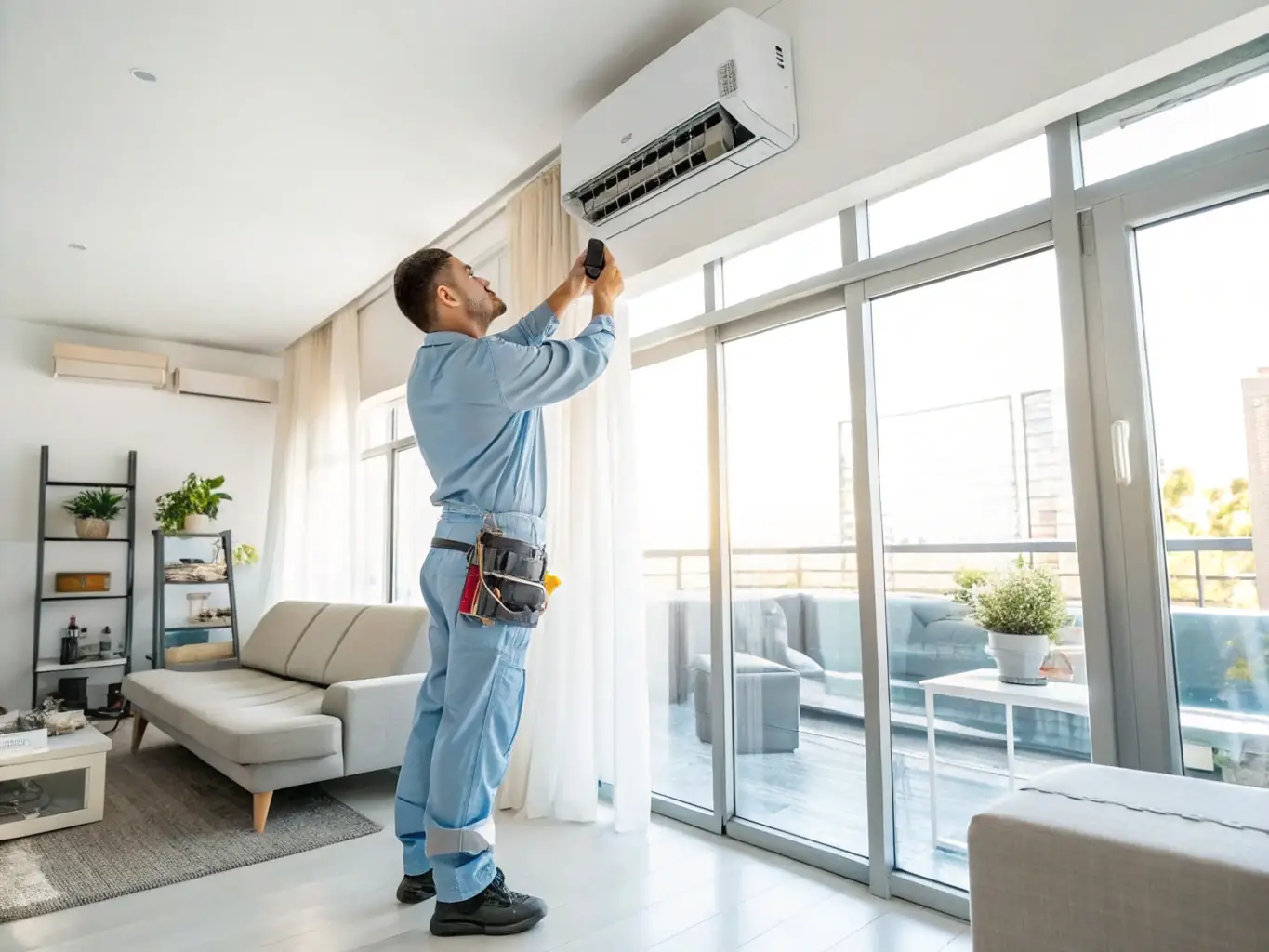 A modern air conditioning unit being installed in a residential home, showcasing the precision and care taken by Plubm's technicians during installation.