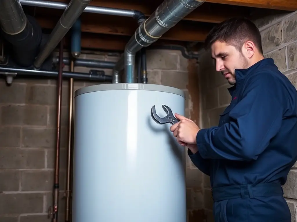 A modern, energy-efficient water heater being installed by a Plubm technician in a clean, well-lit basement, showcasing our commitment to quality installations.